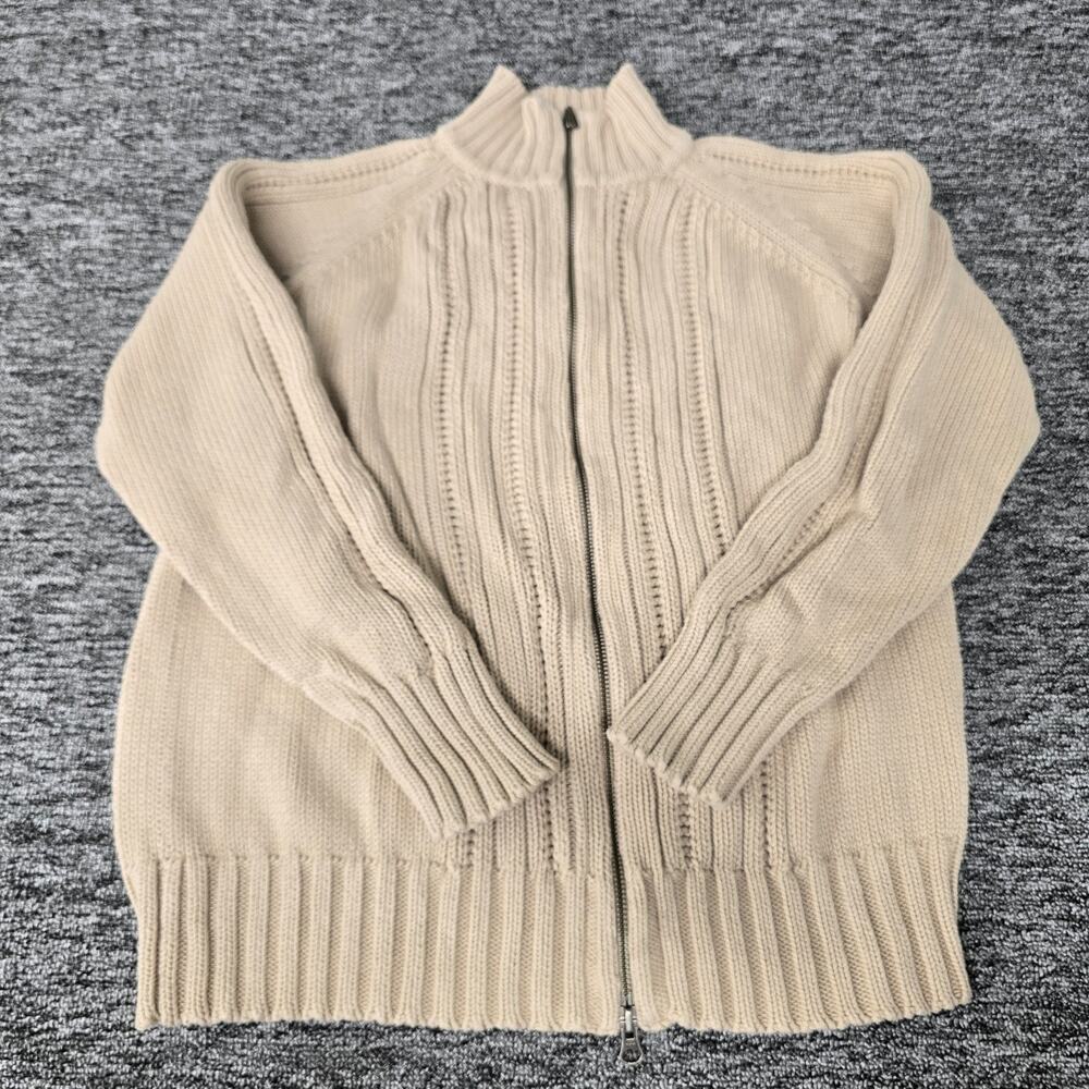 Eddie Bauer Heavy Knit Full Zip Up Cardigan Women's L Beige Long Sleeve Mock Vtg